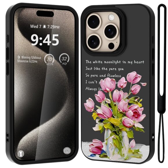 Iphone 15 Pro Max Black Pink Tulip Poem Matte Case Design With Wrist Strap - Picture 1 of 7